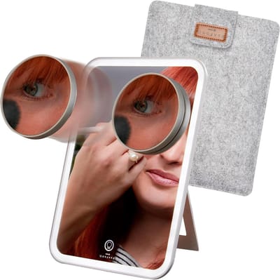 10x Vergrotende Make-upspiegel met Touchscreen Knop en Dimbare LED-verlichting - Oplaadbaar - Verstelbare Standaard - Luxe Reiskoffer - USB-oplaadkabel