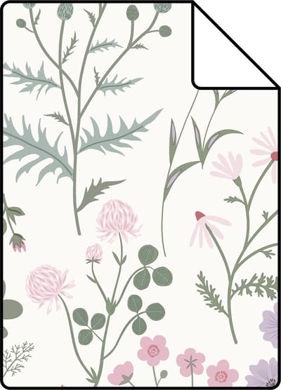 Proefstaal ESTAhome behang veldbloemen lila paars, roze en groen - 26.5 x 21 cm - 139482-S