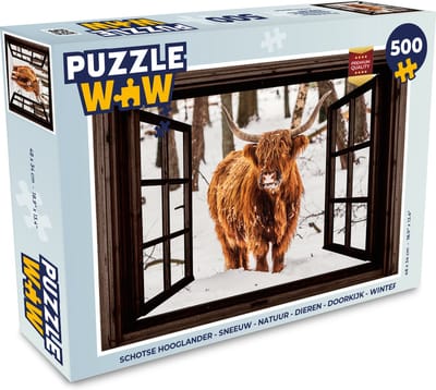 Puzzel Schotse Hooglander - Sneeuw - Natuur - Dieren - Doorkijk - Winter - Legpuzzel - Puzzel 500 stukjes