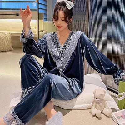 Gouden Velours Pyjama voor Dames Dunne Lange Mouw Kant Bedrukte Pyjama voor Dames Lente en Herfst Zoete Huispak Pyjama 2XL blauw
