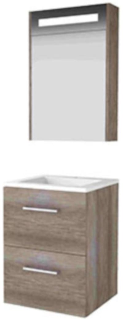 Basic-Line Premium 46 Badkamermeubelset - 50 x 46 cm - Met Grepen - 2 Lades - Acryl Wastafel - 1 Kraangat - Spiegelkast met LED Verlichting - Scotch Oak
