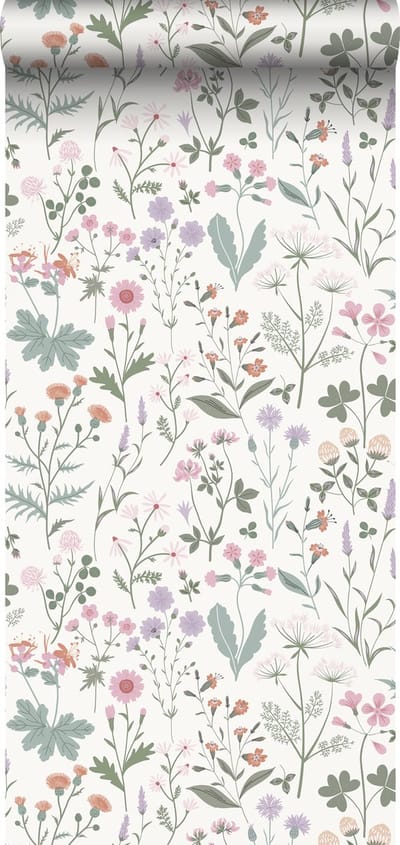 ESTAhome behang veldbloemen lila paars, roze en groen - 53 cm x 10.05 m - 139482