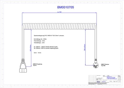 CEE 7/7 (haaks) - CEE 7/3 (recht) stroom spiraal verlengkabel - 3x 1,50mm / zwart - 2 meter