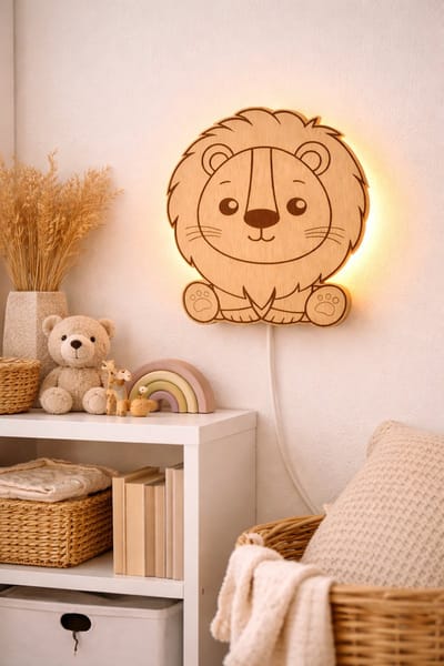 Houten Kinder Wandlamp Leeuw – Kinderkamer Nachtlampje – Babykamer Decoratie – Inclusief Snoer en Schakelaar