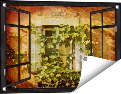 Gards Tuinposter Doorkijk Raam met Luiken - 60x40 cm - Tuindoek - Tuindecoratie - Wanddecoratie buiten - Tuinschilderij