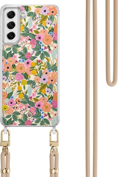 Casimoda® hoesje met koord - Geschikt voor Samsung S21 FE - Pink Garden - Afneembaar koord - TPU/polycarbonaat - Roze