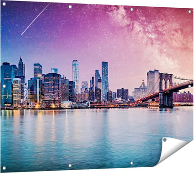 Gards Tuinposter New York Skyline met een Kleurrijke Hemel - 120x90 cm - Tuindoek - Tuindecoratie - Wanddecoratie buiten - Tuinschilderij