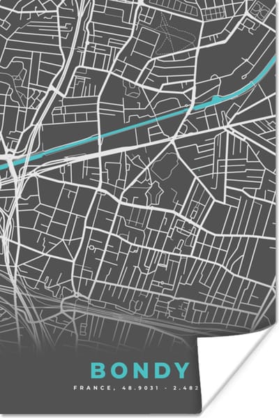 Poster Bondy - Frankrijk - Plattegrond - Kaart - Stadskaart. - 120x180 cm XXL