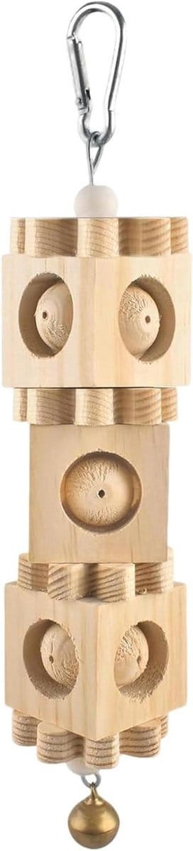 Vogel speelgoed blok - Houten foerageer - Snavel slijpen - Interactief met bel - 25 cm lang - Houtkleur