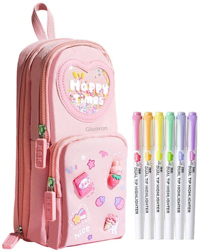 Gloovon® Etui - Grote Capaciteit - 3 Lagen & 6 Vakken - Geschikt voor 20cm Liniaal - Inclusief 6 Markeerstiften & 3D Decoratie - Roze