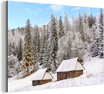 Aluminium schilderij 180x120 cm - Wanddecoratie metaal - Houten hutten en dennen in het Nationaal park Tatra in Polen - Metalen muurdecoratie woonkamer - Decoratie industrieel - Foto op dibond - Industriële accessoires slaapkamer