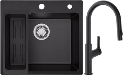 SOFETIY MAX Granieten Spoelbak Zwart / Antraciet (50*45cm) - Spoelbak Keuken Met U-Uitloop Keukenkraan - Spoelbakken Keuken – Wasbak Keuken Met Waterafvoersysteem