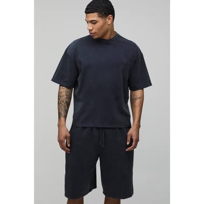Oversized Boxy Gewassen Men's Sport T-shirt & Shorts Set | Charcoal | Size XS