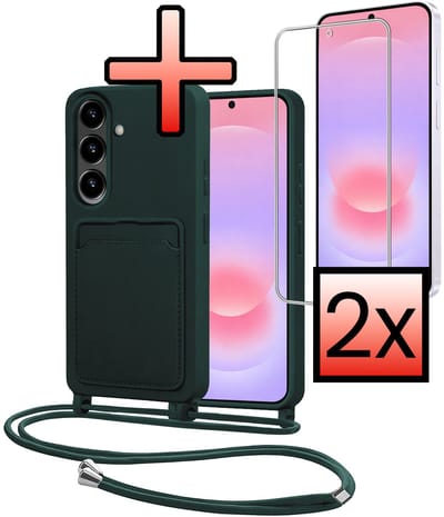 Hoes Geschikt voor Samsung A37 Met Telefoonkoord Met 2x Screenprotector - Siliconen Hoesje Backcover Met Ketting - Donkergroen