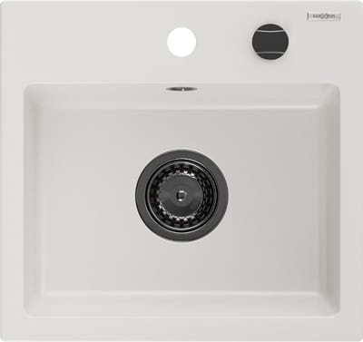 Mexen Milo granieten spoelbak 1-komors 435 x 410 , wit, zwarte sifon - 6505441000-20-B