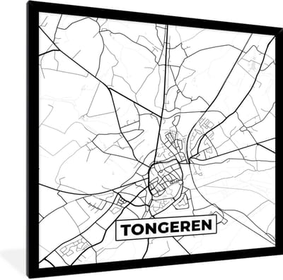 Fotolijst incl. Poster Zwart Wit- België – Tongeren – Stadskaart – Kaart – Zwart Wit – Plattegrond - 40x40 cm - Posterlijst