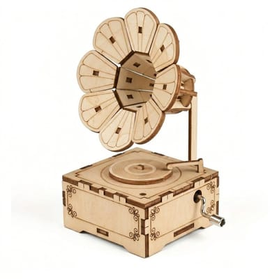 Lichtbruine houten modelbouw set grammofoon voor volwassenen en kinderen 3D bouwpakket muziekdoos met slinger en hoorn decoratief display model DIY constructie kit