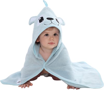 BoefieBoef Beer Baby Badcape - Eco Bamboe Katoen Kinder Handdoek - Badponcho - Peuter Badjas - Kleuter Strandlaken - 0 tot 5 jaar - Dieren 75x75 - Blauw- Jongens en Meisjes - Badstof - Perfect Kerst- en Kraamcadeau - omslagdoek