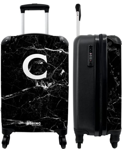 NoBoringSuitcases.com - Zwarte marmer koffer met letter C - Past binnen 55x40x20 cm en 55x35x25 cm - Trolley handbagage initialen zwart - Valiezen met wieltjes volwassenen - Reiskoffer op wielen - Rolkoffer lichtgewicht - Cadeau voor man en vrouw