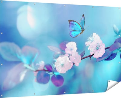 Gards Tuinposter Blauwe Vlinder bij een Roze Bloem - 180x120 cm - Tuindoek - Tuindecoratie - Wanddecoratie buiten - Tuinschilderij
