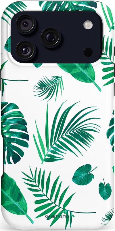 Casetastic hoesje geschikt voor Apple iPhone 17 Pro Max - MagSafe - Dubbellaagse bescherming - Groene Witte Jungle Bladeren Print - Fashion Case - Wit Mintgroen Turquoise