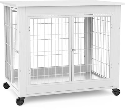 Hondenbench meubel - Houten kamerkennel - Hondenhok voor binnen - Met wielen - Dubbele deur - Opklapbaar dak - Woonkamer - 80x56x69,5cm - Wit