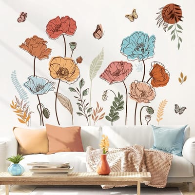 MTTProducts - Boho Flower Wanddecoratie - Muurstickers met Vlinders - Waterdicht - Multicolor - Bloemen en Planten - Geschikt voor Kinderkamer en Woonk...