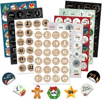 Dailygoods- Adventskalender 2024 - 8 x 24 Cijferstickers - Zelfklevende Stickers - Kerstmis - Knutselen - Klassiek Kerstdesign - Kerststickers