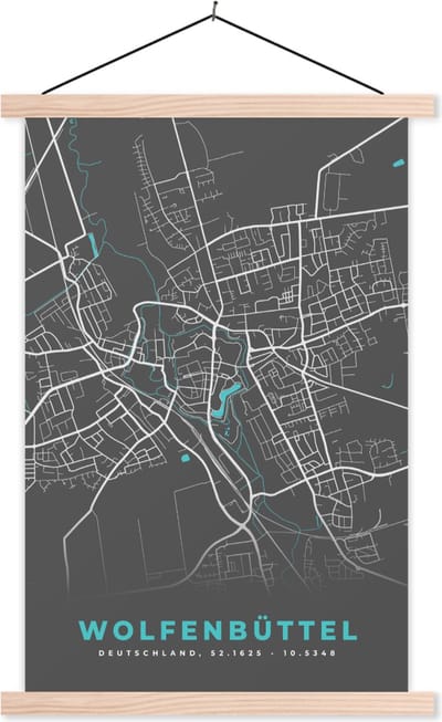 Posterhanger incl. Poster 40x60 cm - Schoolplaat - Stadskaart – Plattegrond – Duitsland – Blauw – Wolfenbüttel – Kaart - Textielposter - Blanke latten - Stadskaart