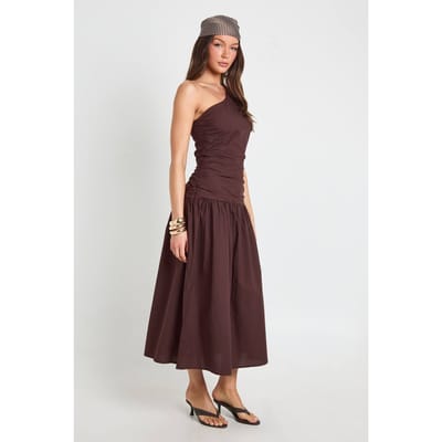 boohoo Dames Katoenen Poplin Jurk Met Éen Schouder, Geplooide Midaxi-jurk | Chocoladebruin | Maat: 36
