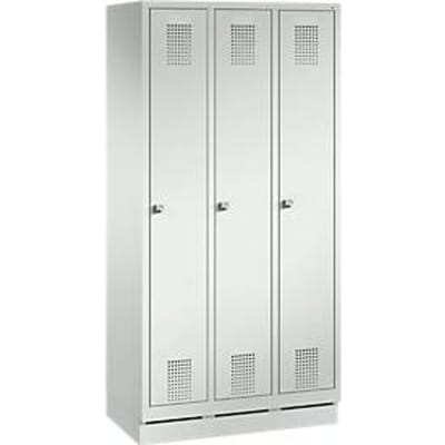 Garderobekast Evolo S 3000, 3 vakken, staal, sokkelhoogte 100 mm, cilinderslot, lichtgrijs/lichtgrijs, 3 vakken, staal, sokkelhoogte 100 mm, cilinderslot, lichtgrijs.