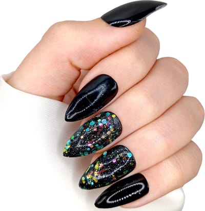 SD Press on Nails - B-58 - Plaknagels - Nagelset 20 Nagels - Zwart - Gellak - Nagellak - Medium Stiletto Nageltips - Nepnagels met Lijm - Kunstnagels - Nail Art - Handmade - Valse nagels - Nagelvijl - Accessoires - Medium Nagels