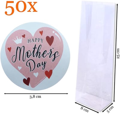 Prigta - Cadeauzakjes transparant + moederdag stickers - 50 stuks - 8x5x25 cm - Feestelijke blokbodemzakjes van cellofaan