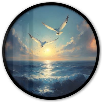 Poster in lijst Rond - Fotolijst 40x40 cm - Posters - Meeuwen - Zee - Wolken -Blauw - Ronde posterlijst zwart - Decoratie - Wanddecoratie woonkamer - Muurdecoratie slaapkamer