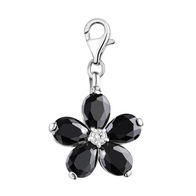 Quiges - Charm Bedel Hanger Zirkonia Bloem Zwart Groot - Dames - Verzilverd - QHCP011