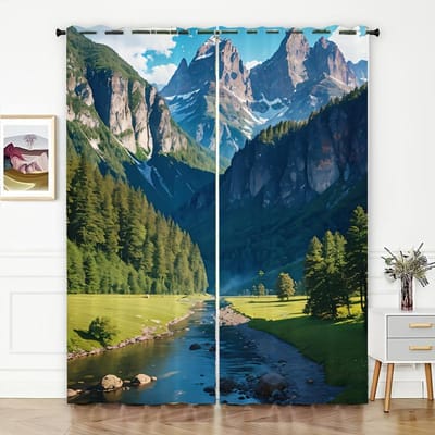 2 stuks 3D natuurlijk landschap bedrukte gordijnroede zakgordijnen, semi-verduisterende decoratieve gordijnen voor woonkamer slaapkamer kantoor 2x50W130H(CM)&hook