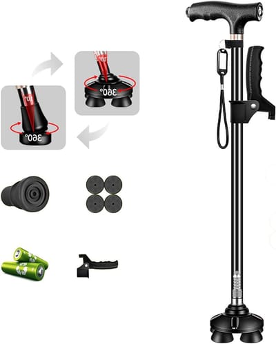 Wandelstok met LED - Steunstok - Veilig Lopen - Vierkant Draaibare Basis - 72-94 cm Verstelbaar - Zwart