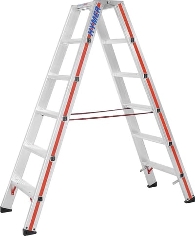 Trapladder 2x6 sporten, aan beide zijden beloopbaar, versterkte treden, massieve gewrichten, spreidbeveiliging