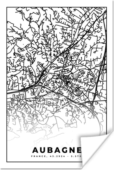 Poster Plattegrond - Kaart - Frankrijk - Stadskaart - Aubagne - Zwart wit - 120x180 cm XXL
