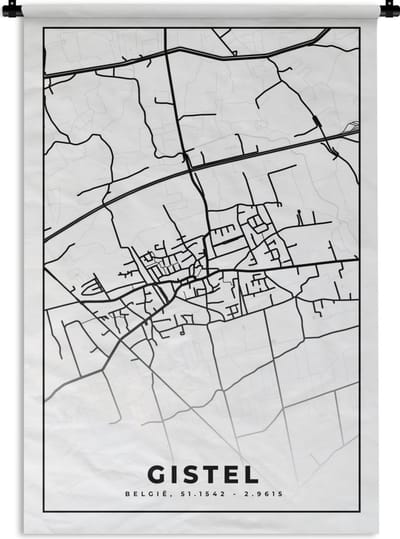 Wandkleed - Wanddoek - Plattegrond – Gistel – Zwart Wit – Stadskaart - België - Kaart - 120x180 cm - Wandtapijt