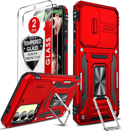 Hoesje Geschikt voor Samsung Galaxy S24 FE hoesje backcover Rood met Met Draaibare Ring Houder en camera bescherming - Galaxy S24 FE Screenprotector - 2 stuks