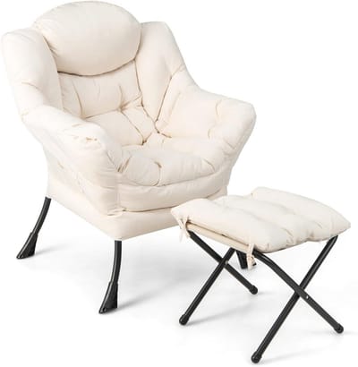 Lounge Stoel met Voetenbank en Kussen - Ergonomische Fauteuil voor Woonkamer, Slaapkamer en Kantoor - Tot 150 kg