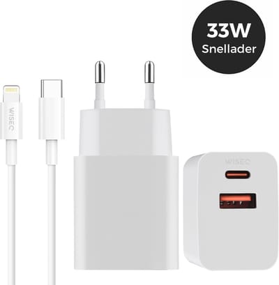 33W USB C snellader met dual-port - USB A en USB C adapter - inclusief Lightning oplaadkabel 1 meter - geschikt voor iPhone 14 / 13 / 12 / 11 / X en iPad - wit - WiseQ
