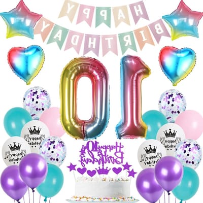 Dailygoods- Ballonnen voor 10e Verjaardag - Kleurrijke Decoratieset - Folieballonnen - Latexballonnen - Confettiballonnen - Taarttopper - Verjaardagsballonnen