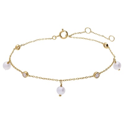 Lucardi - Dames 14 karaat armband met zirkonia en zoetwaterparel - Armband - 14 Karaat Goud - Goud - 19 cm