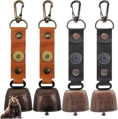 4 Stuks Koeienbellen met Karabijnhaak - Metaal en Leer voor Buiten, Wandelen, Decoratie en Geluidsdemping