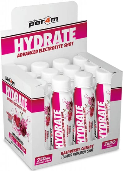 Per4m - Hydrate Electrolyte Shots - Raspberry Cherry - 12x100ml - Suikervrij - 2g Taurine - 250mg Kokoswater poeder - Hydratatie - Magnesium - Fitness - Duursport - Wielrennen - Elektrolyten