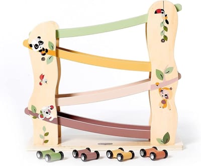 Houten Autobaan - Racebaan Hout - Motoriek Ontwikkeling - 4 Soepel Rollende Auto's - 28.5 x 30 cm - Boho Chic