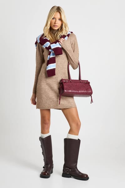 boohoo Dames High Neck Super Soft Gebreide Mini Jurk | Hazelnoot | Maat: Large