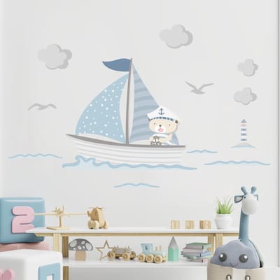 Muurstickers - Teddybeer op zijn boot - Zelfklevende stickers - 120x145cm